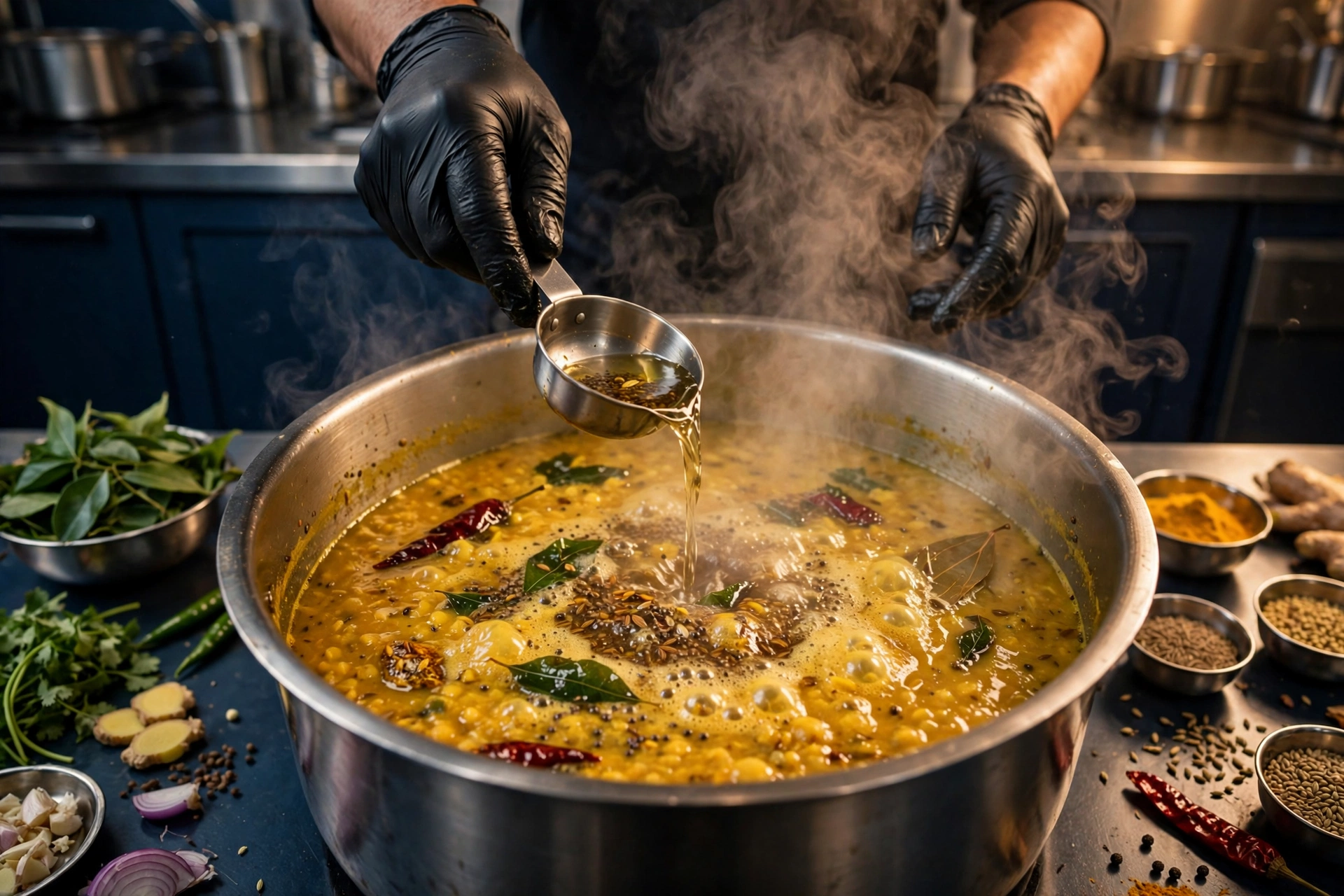 Fresh tadka being prepared in the Desi King Tiffin kitchen